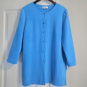 SHOMI 100% Silk Blue Blouse Size 12 Button Front Lightweight
